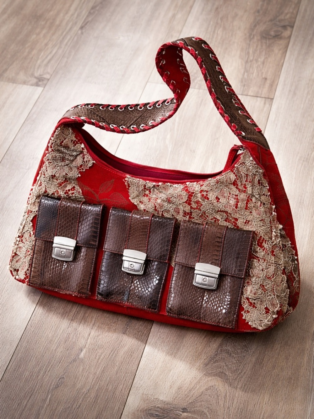 Bohemian Red Lace & Brown Pocket Shoulder Bag